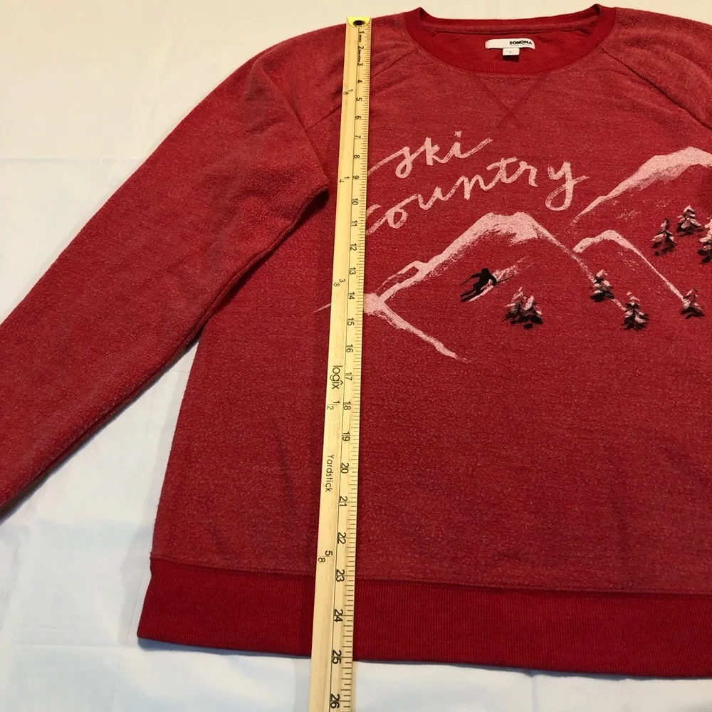 Sonoma Women’s Long Sleeve ski country Pullover Stretch Red Graphic Sweatshirt L